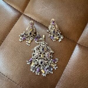 Gold-Tone Purple & Yellow Crystal Filigree Pendant and Earring Set